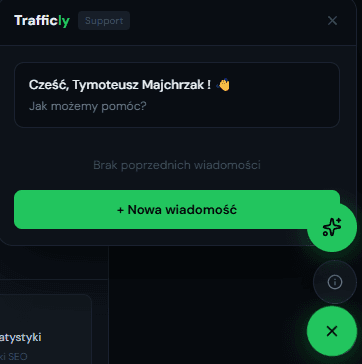 Zrzut ekranu widgetu wsparcia AI w panelu klienta Trafficly
